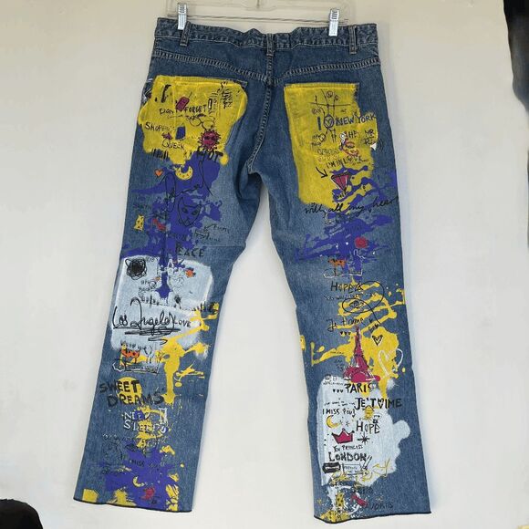 VTG Old Navy Pop Art Jeans Sz 12 – Y2K Graffiti Straight Leg Holiday 2001 - Picture 4 of 10